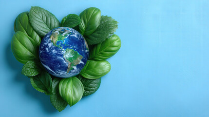 Earth globe inside heart shaped green leaves symbolizing environmental care and love for nature