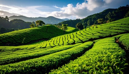 Serene Tea Plantation Landscape Rolling Hills, Lush Greenery, Sunrise Composition, Tea Farm, Green Hills Tea Plantation, Landscape Photography