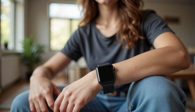Young woman wearing smartwatch while sitting on couch indoors  