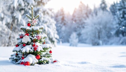 Snow-Covered Christmas Tree in Winter Wonderland Red Ornaments, Snowy Landscape, Festive Composition Christmas, Winter