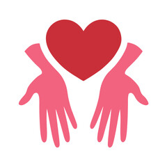 Two pink hands reaching up to hold a red heart symbol