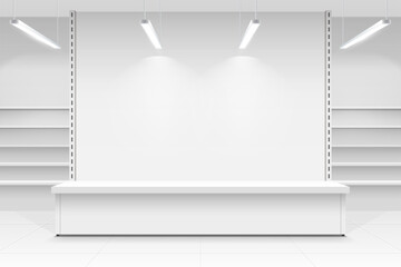 Empty interior supermarket, food market, shop showcase with shelves. 3D Render.