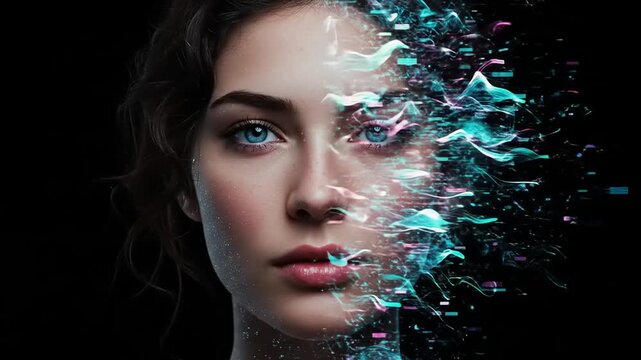Data stream, girl with disintegration effect in digital cyber space concept