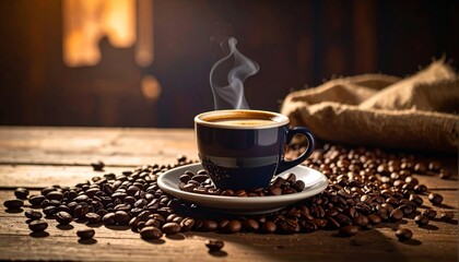 Steaming Espresso Cup on Coffee Beans Rustic Composition, Warm Lighting, Dark Background, Coffee aroma Coffee, Espresso, Still Life