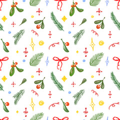 Seamless Christmas pattern, cute doodle holiday elements, holly, bows, fir branches, garlands, transparent background. wrapping paper, greeting cards, festive packaging, fabric print