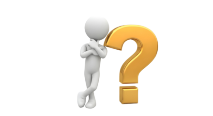 A white figure leaning on a golden question mark with a thoughtful pose on a white background studio shot