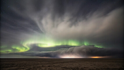 Vivid Green Aurora Borealis Dancing Above a Dark, Cloud- Covered Sky northern lights night Background