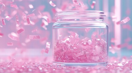 Clear glass jar filled with pink crystals, falling pink glitter pieces around on a soft pink and blue background.