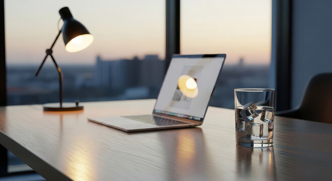Laptop and lamp on desk with city view