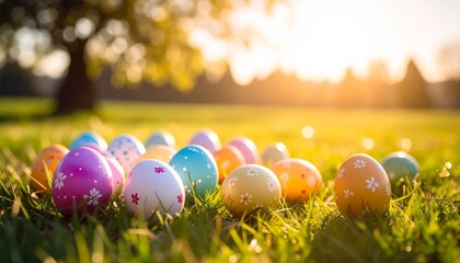 Sunset Easter Eggs in Grass Colorful Painted Eggs, Spring Meadow, Festive Holiday, Easter Tradition Easter, Spring, Holiday