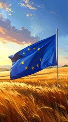 National flag waves over golden wheat field at sunset.