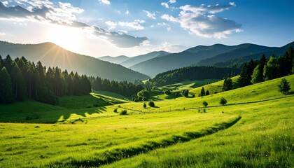 Sunset Over Verdant Mountain Valley Wide Shot Composition, Lush Green Landscape, Peaceful Nature Scene, Mountain Scenery, photography Landscape Photography, Nature Photography