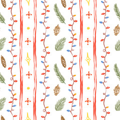 Seamless Christmas pattern, cute doodle holiday elements, holly, bows, fir branches, garlands, transparent background. wrapping paper, greeting cards, festive packaging, fabric print