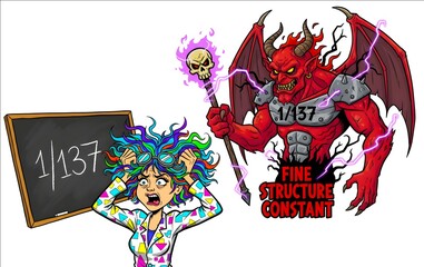 Funny illustration of frustrated colorful hair female scientist grabbing her hair with fine structure constant number 1/137 on a black board, demon also present