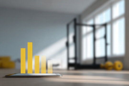 workout plan displayed on tablet with augmented reality blurred white text bars featured in minimalist interior