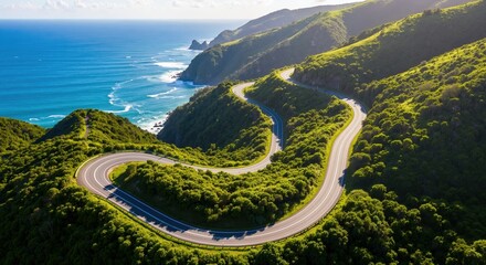 Aerial view of a winding coastal road through green hills. Scenic highway along the ocean. Travel and road trip adventure landscape