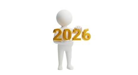 A white stick figure holding golden year numbers of two thousand and twenty six on a white background