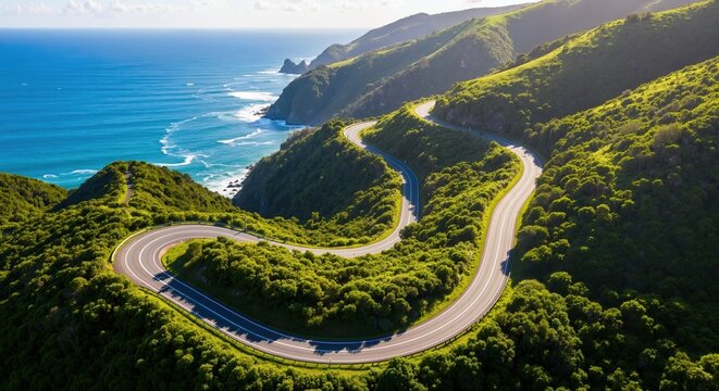 Aerial view of a winding coastal road through green hills. Scenic highway along the ocean. Travel and road trip adventure landscape