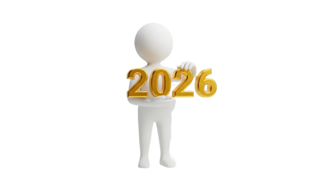 A white stick figure holding golden year numbers of two thousand and twenty six on a white background