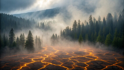 Volcanic Lava Flow Through a Misty Forest with Pine Trees image photo Background