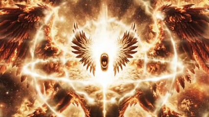 A majestic guardian with fiery wings bursts forth from the cosmic darkness, radiating light and energy. Its powerful presence shines brilliantly across the universe.