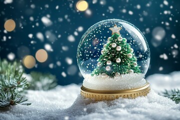 Miniature decorated evergreen inside clear glass sphere rests on snow under falling flakes