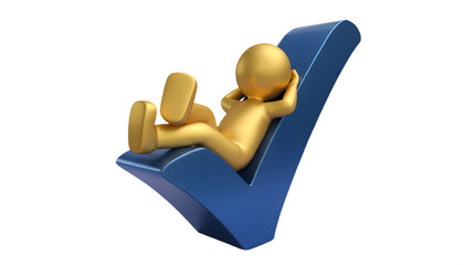 Golden figure relaxing on a blue check mark against a gradient light blue and purple background