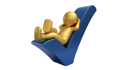 Golden figure relaxing on a blue check mark against a gradient light blue and purple background