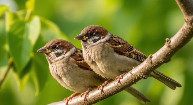 A pair of Eurasian tree sparrows perched on a branch. Two small wild birds together in nature with a green bokeh background.