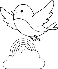 Cute Cartoon Bird Flying Over Cloud with Rainbow - Simple Black and White Line Art Illustration