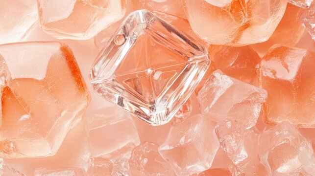 Glistening clear faceted ice cube among many pale peach rough crystalline pieces, forming a cool abstract background pattern.