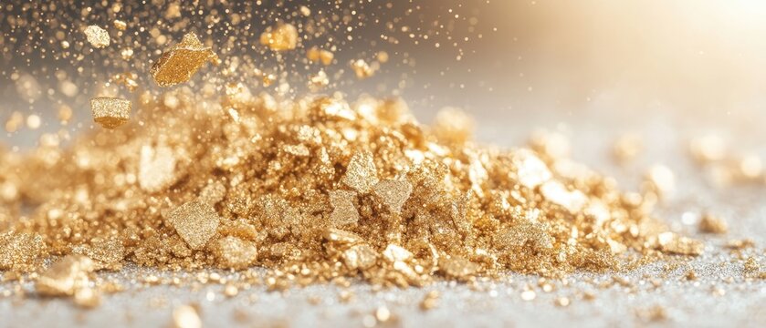 Golden glitter powder falling and sparkling on a light surface. Shiny gold dust particles creating an elegant abstract background for luxury design elements.