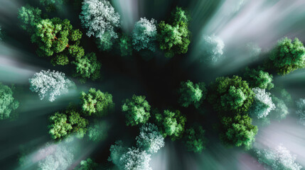 Lush green forest canopy morning fog with rays of light creating dreamy atmosphere