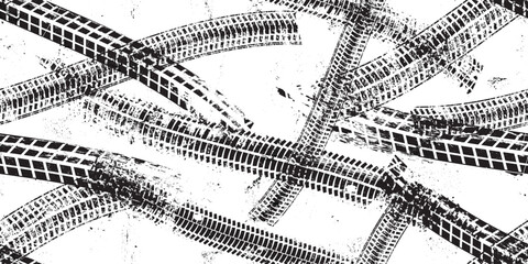 Tire track seamless pattern. Grange tread marks .Grunge textured vector car tread . Car trails endless pattern texture. Tyre track seamless texture. Wheel tire tread track background © miloje