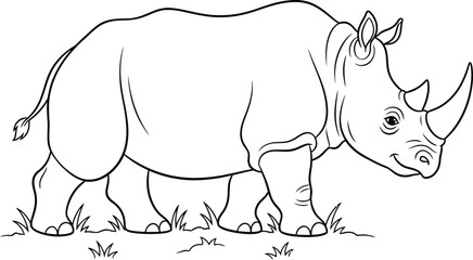 Friendly Cartoon Rhinoceros Standing in Grass - Simple Black and White Line Art Illustration