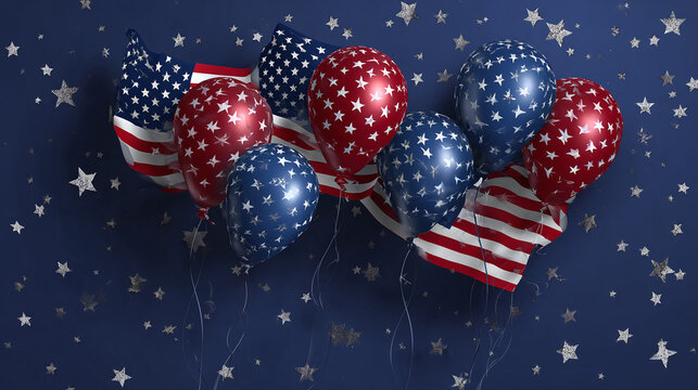 A patriotic display of balloons and flags with star decorations, representing national pride. The scene captures the spirit of freedom and celebration. 