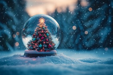 Miniature illuminated evergreen sits inside a clear glass sphere resting on freshly fallen snow outdoors during winter twilight