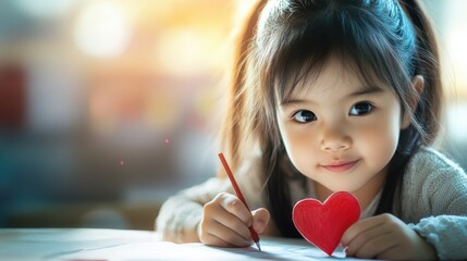 Child drawing a red heart on paper during Giving Tuesday classroom activity, representing kindness, empathy and future generosity