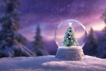 Ornate glass globe containing a miniature decorated evergreen sits upon fresh snow under a twilight sky