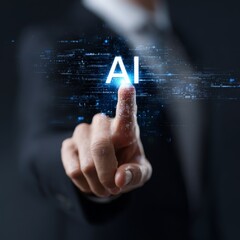 AI Innovation, Business Strategy, Modern Office, Digital Interaction, Professional Environment, Close-up View, Technology Concept