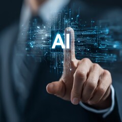 Businessman Using Laptop to Interact with AI Technology in Modern Office Environment