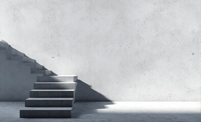 Concrete steps climb against a textured wall, bathed in light and shadow