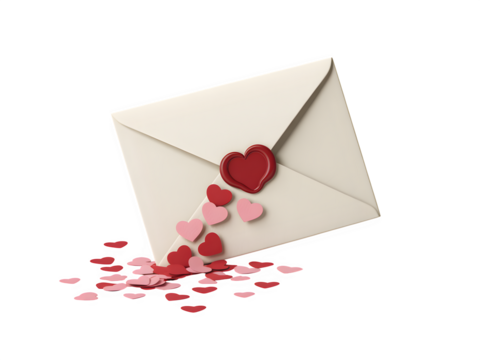 Cream colored envelope with a red wax seal and heart shaped confetti spilling out isolated on transparent background
