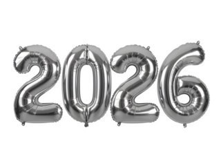 Shiny silver metallic balloons spelling out the year 2026 isolated on transparent background