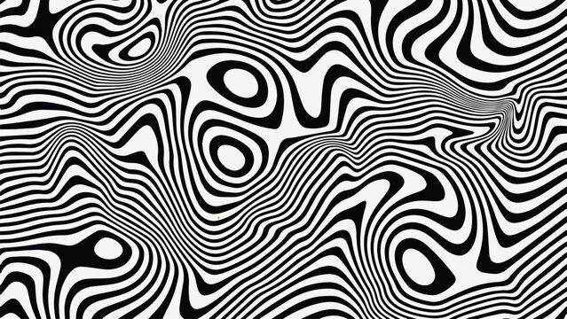 Abstract black and white op art pattern with swirling lines and concentric circles creating optical illusions