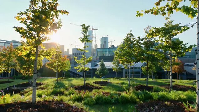 Urban Grove with Modern Skyline Golden Hour