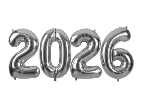 Shiny silver metallic balloons spelling out the year 2026 isolated on transparent background - Powered by Adobe
