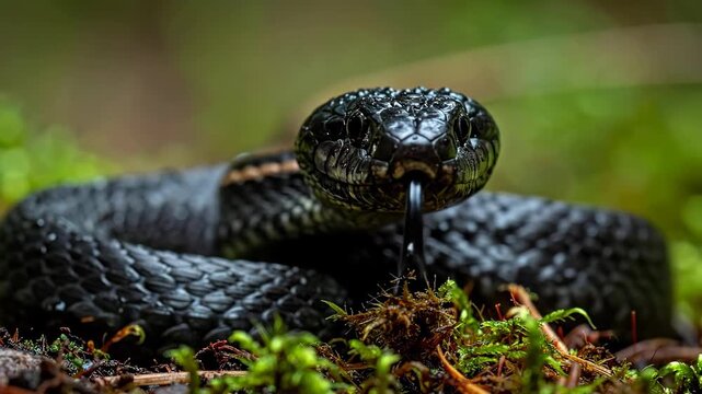 Close Up Of A Black Viper Snake Coiled On Green Moss.