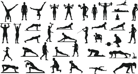 WebFitness workout silhouette vector illustration, people exercising with weights, yoga and cardio poses, gym training, stretching, strength workout, sports and healthy lifestyle design