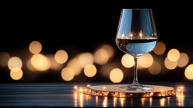 Elegant glass with sparkling liquid on a wooden coaster adorned with fairy lights and warm bokeh background